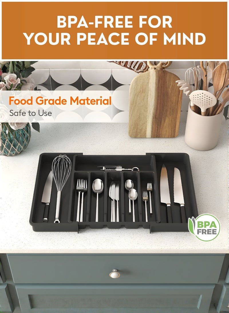 JUNI Silverware Drawer Organizer, Expandable Utensil Tray for Kitchen, BPA Free Flatware and Cutlery Holder, Adjustable Plastic Storage for Spoons Forks Knives, Large - Image 4